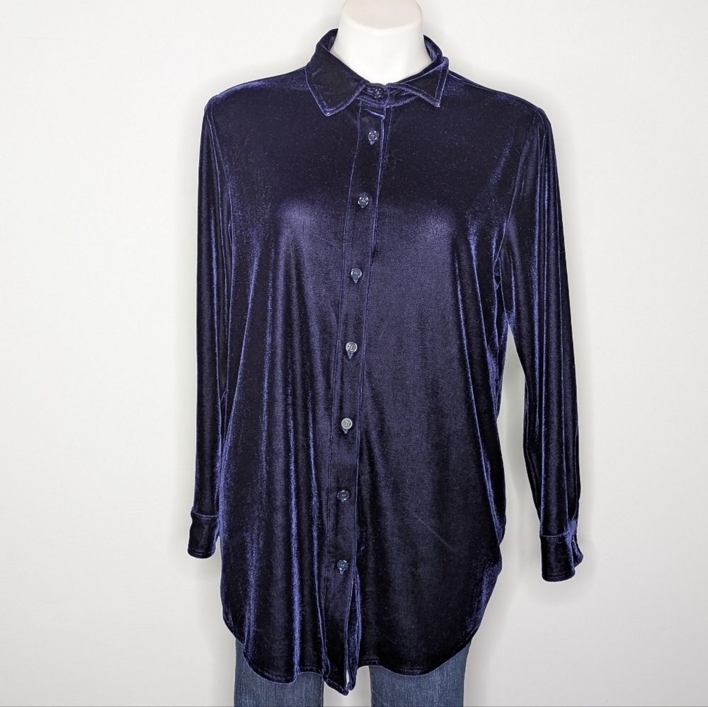 Soft Surroundings Blue Velvet Long Sleeve Button Up M